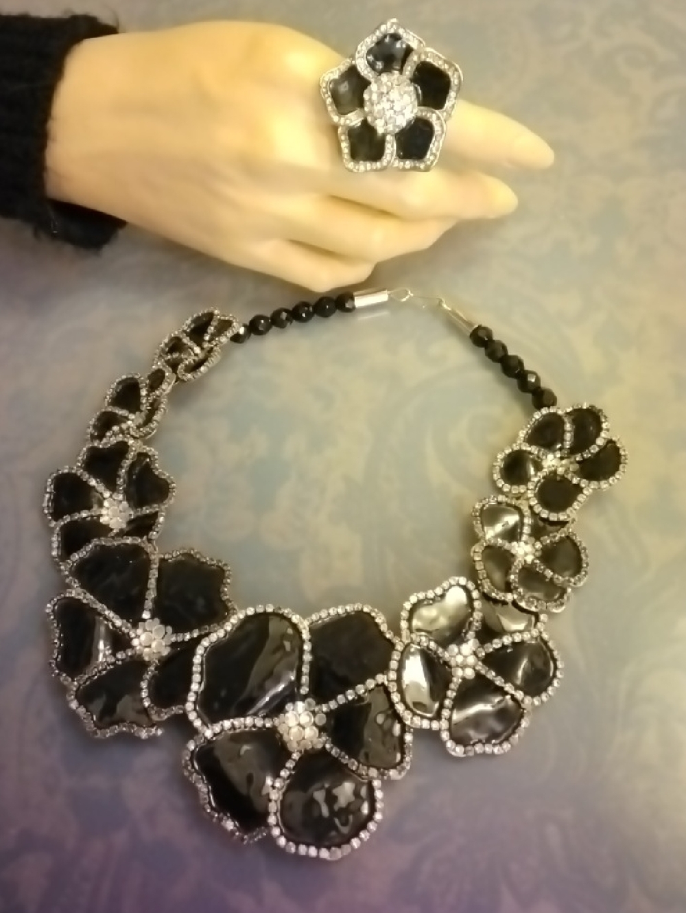 Vintage Enamel Rhinestone "Parure" Runway Necklace and Ring